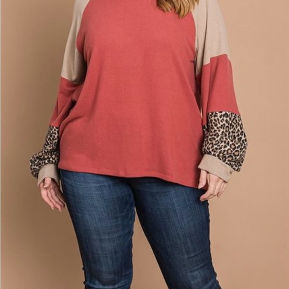 Women's Colorblock Top with Leopard Print Sleeves